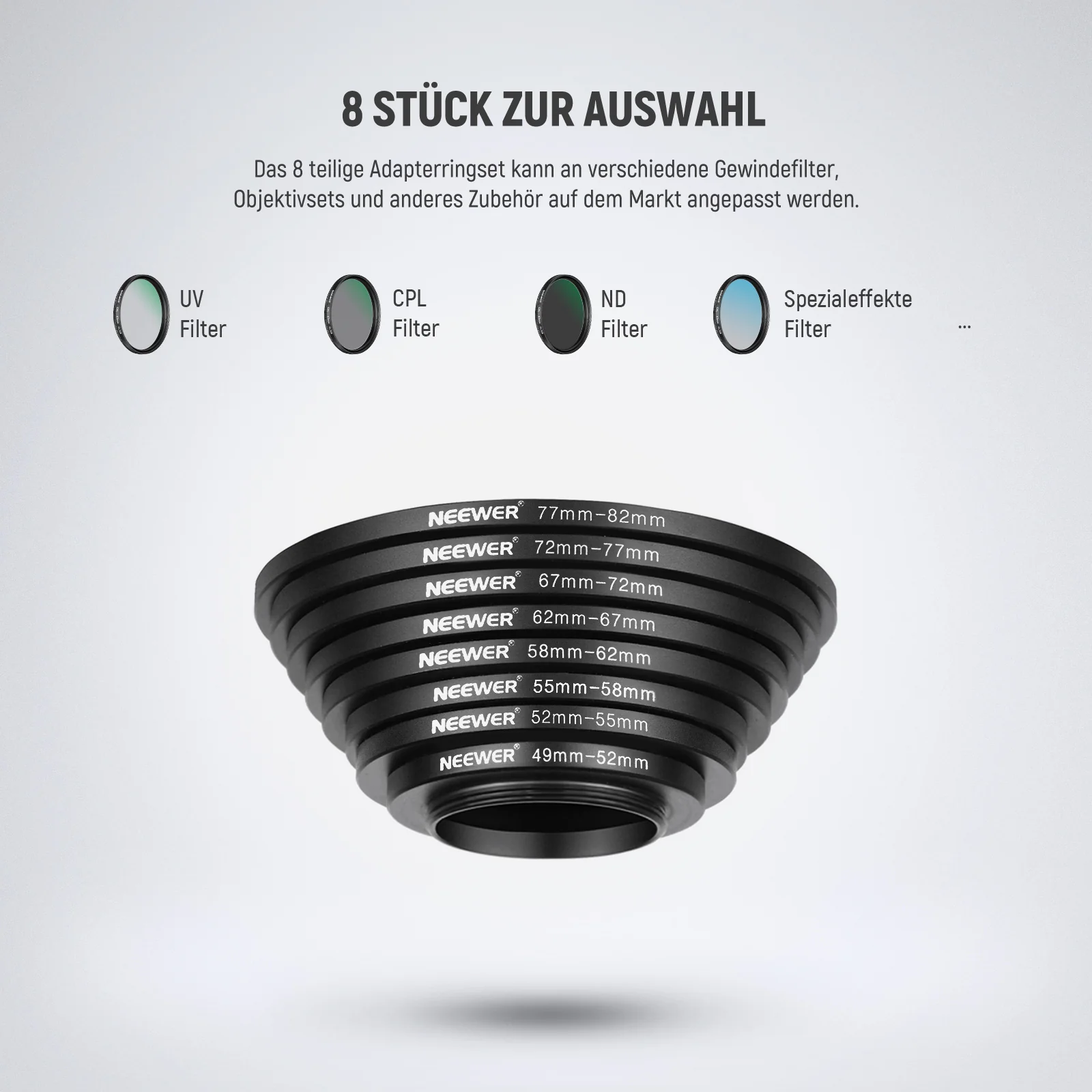 NEEWER 8 Stk. Step-up-Adapter-Ring Set Aus Anodisiertem Aluminium - Image 6