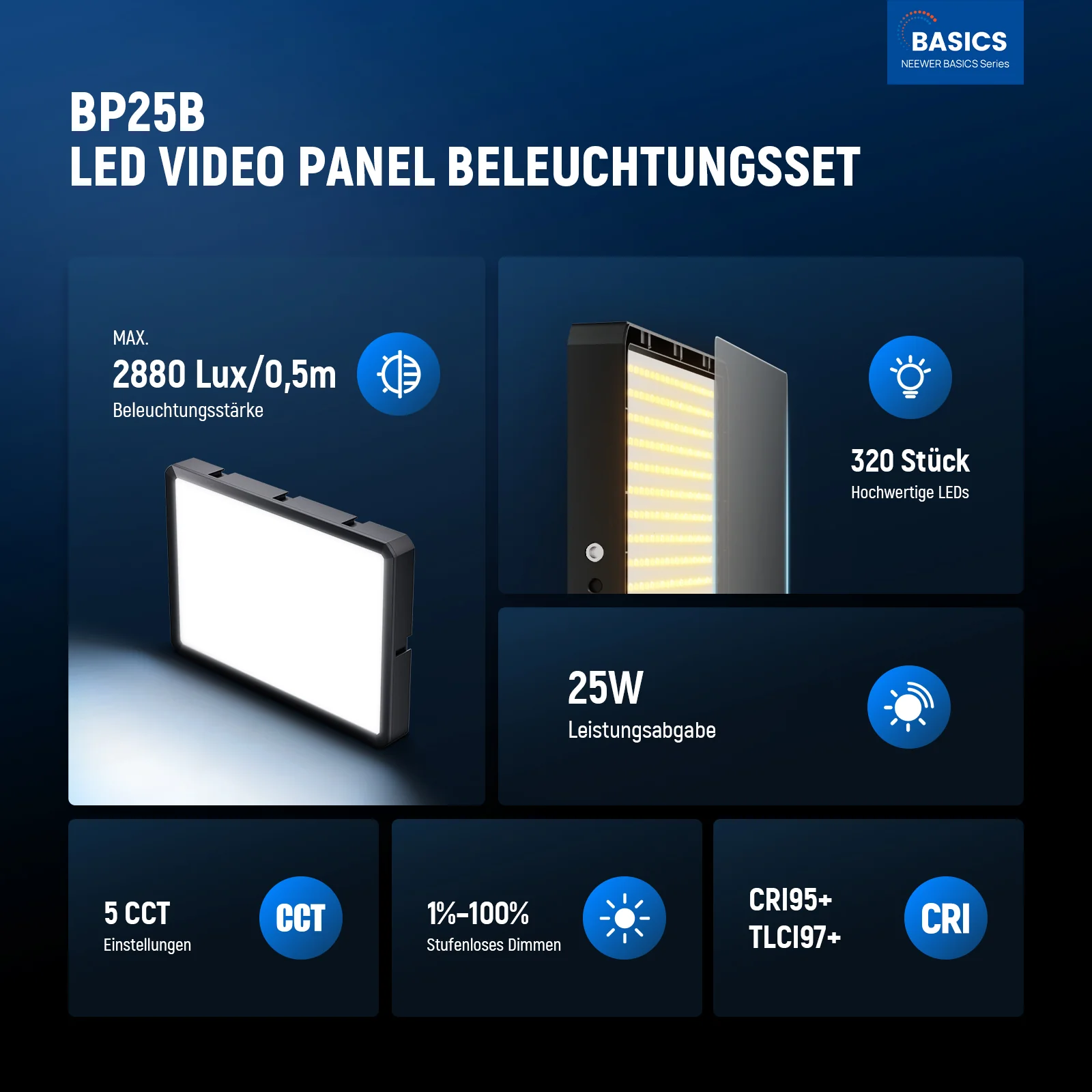 NEEWER BASICS BP25B 2er Pack 25W LED Videopanel Beleuchtungsset - Image 2