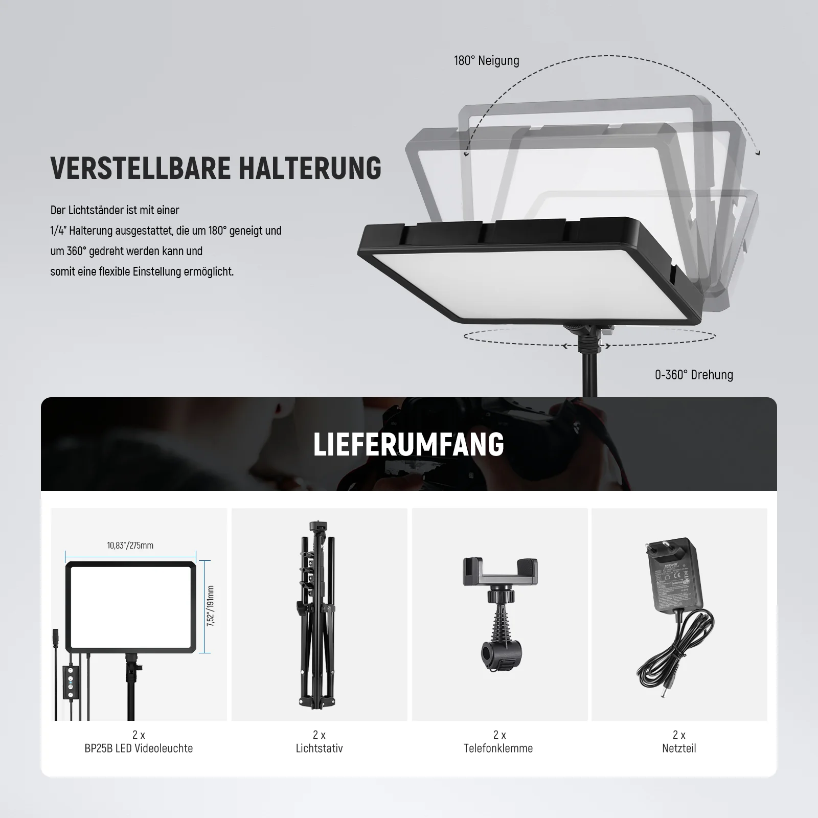 NEEWER BASICS BP25B 2er Pack 25W LED Videopanel Beleuchtungsset - Image 8
