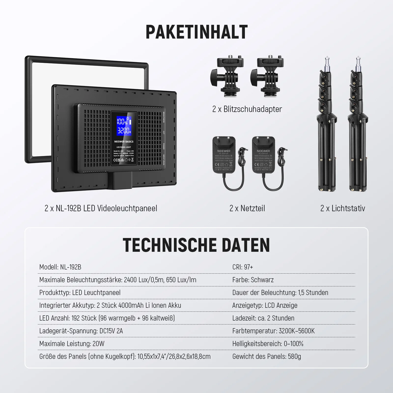 NEEWER BASICS NL-192B 2er Pack Bi-Color LED Videolicht Panel Set - Image 9