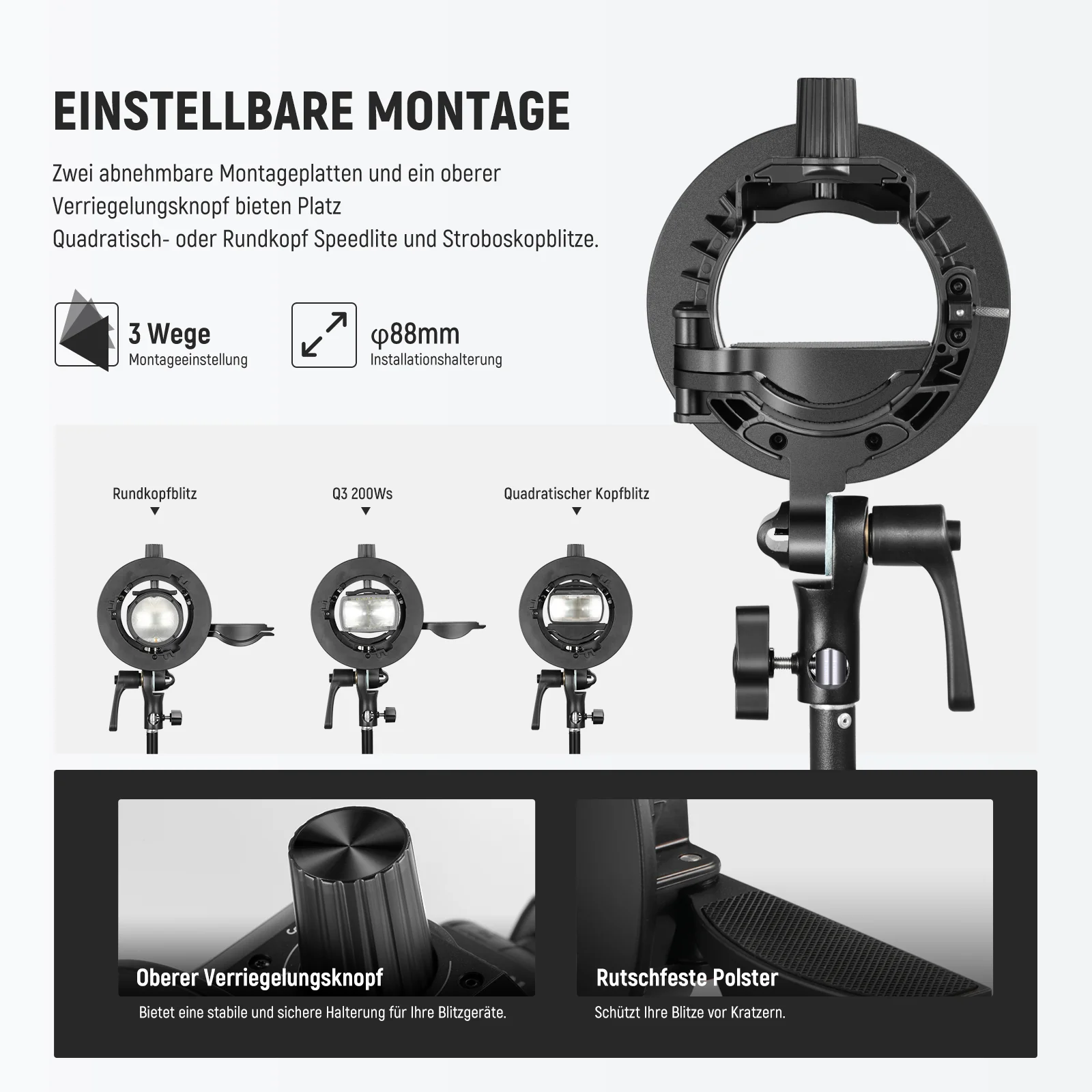 NEEWER CRB1 S-Typ Bowens-Halterung für Blitz mit rundem oder eckigem Kopf - Image 3
