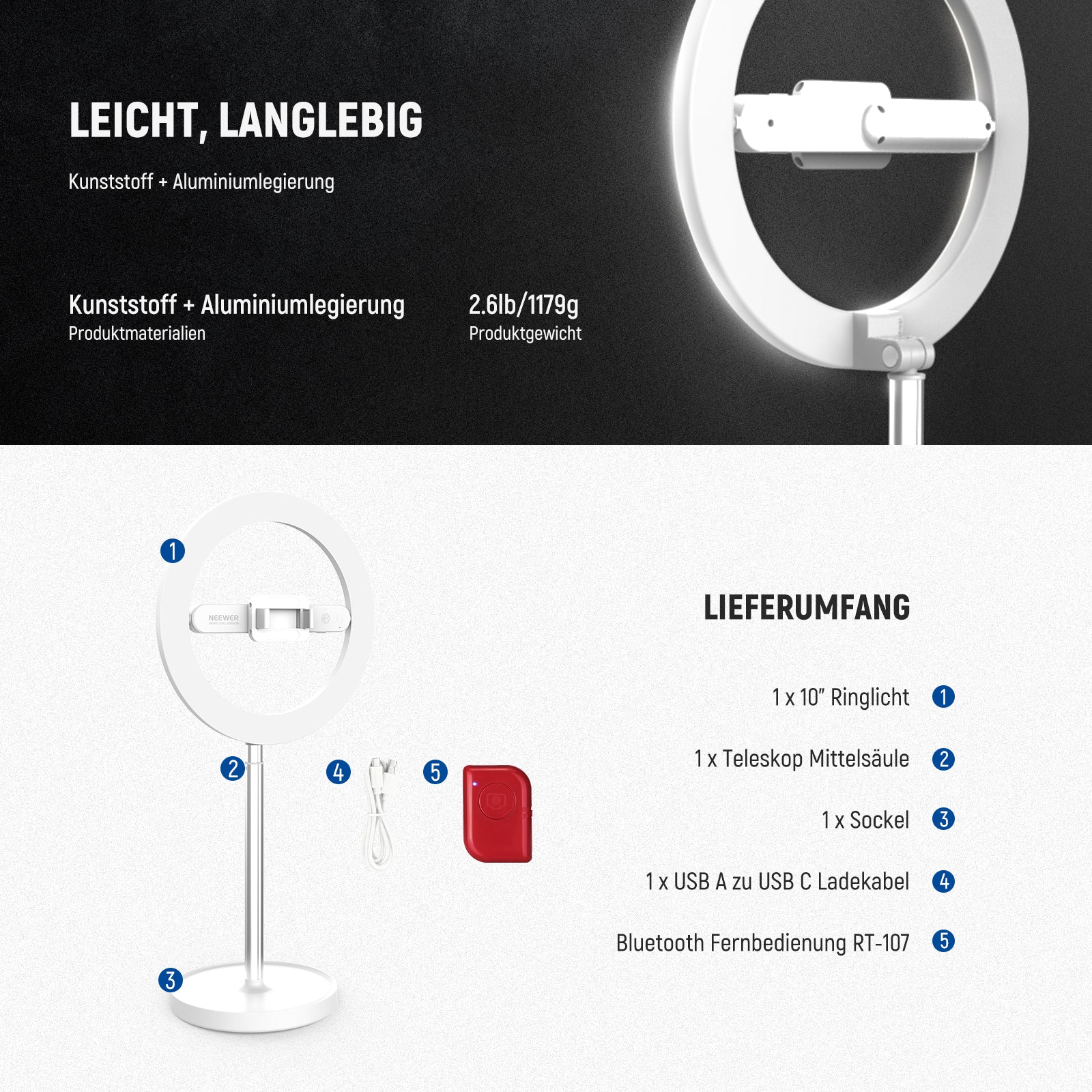 NEEWER ENTRY LEVEL VERSION 10" LED Selfie Ringlicht - Image 18
