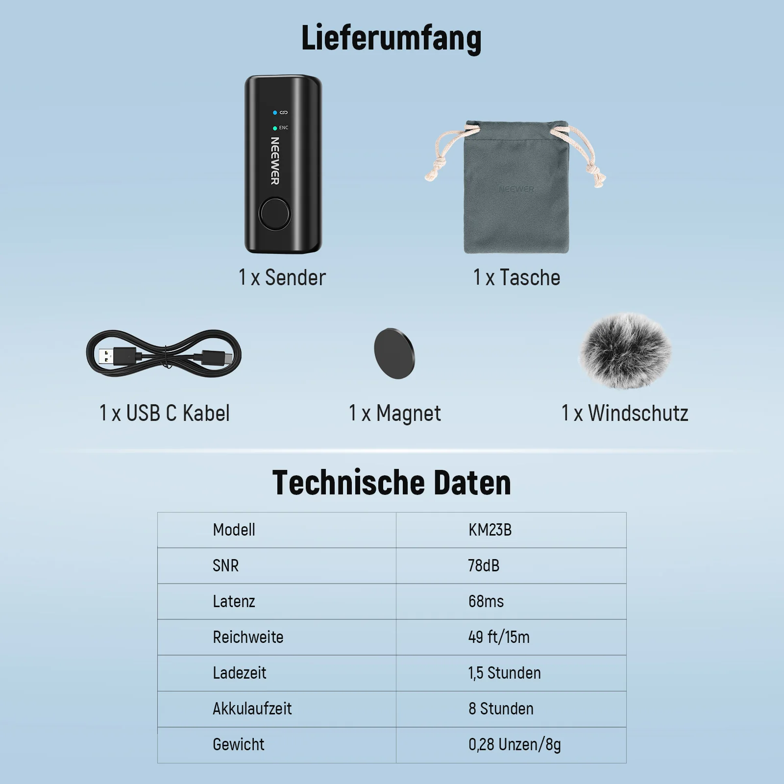 NEEWER KM23B Drahtloses Lavalier Mikrofon mit App Steuerung - Image 2