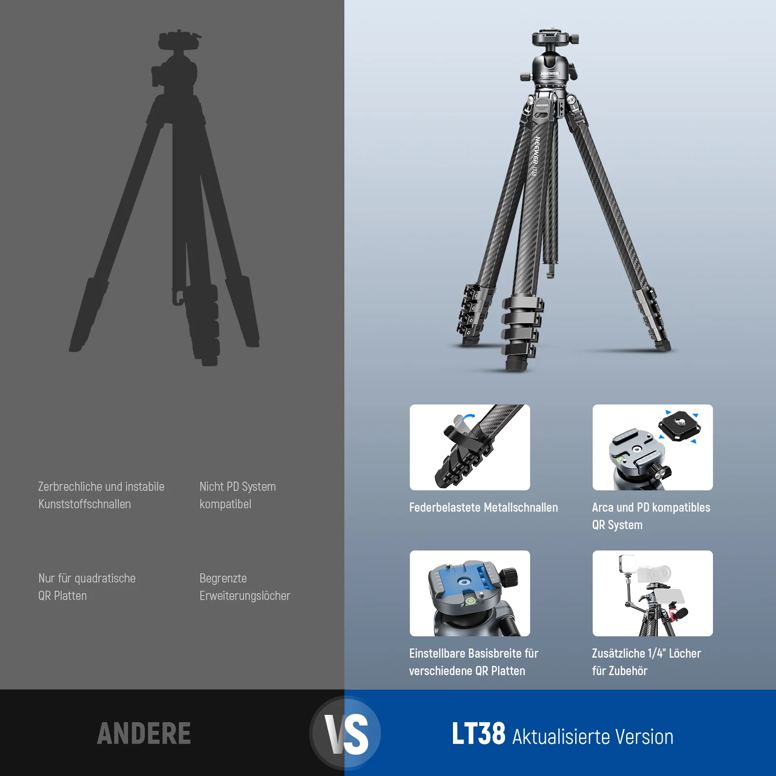 NEEWER LITETRIP LT38 155cm Carbon Reisestativ mit 360° Kugelkopf - Image 8