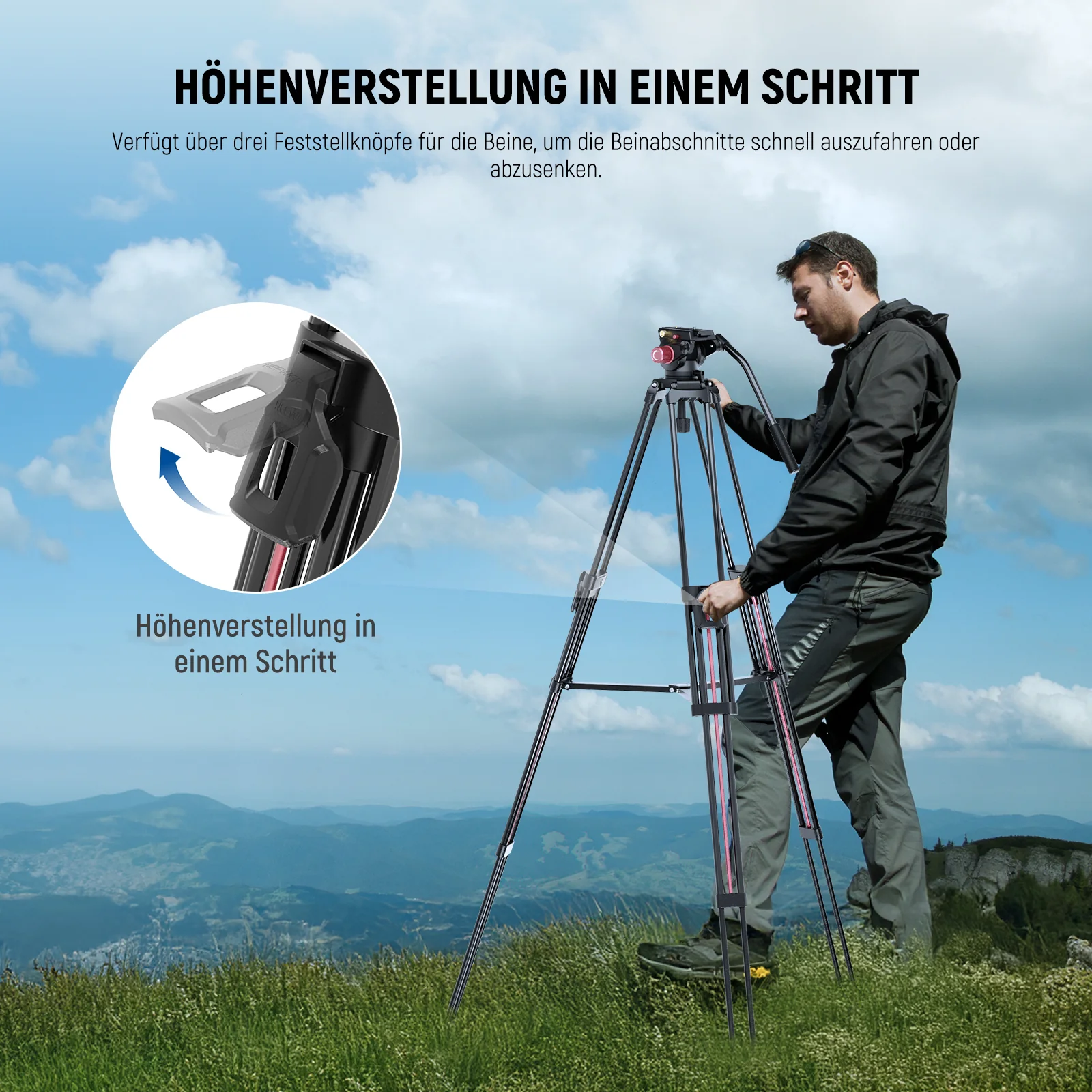 NEEWER LL38 200cm Aluminium Videostativ mit Schnellwechselplatte & Fluidkopf - Image 3