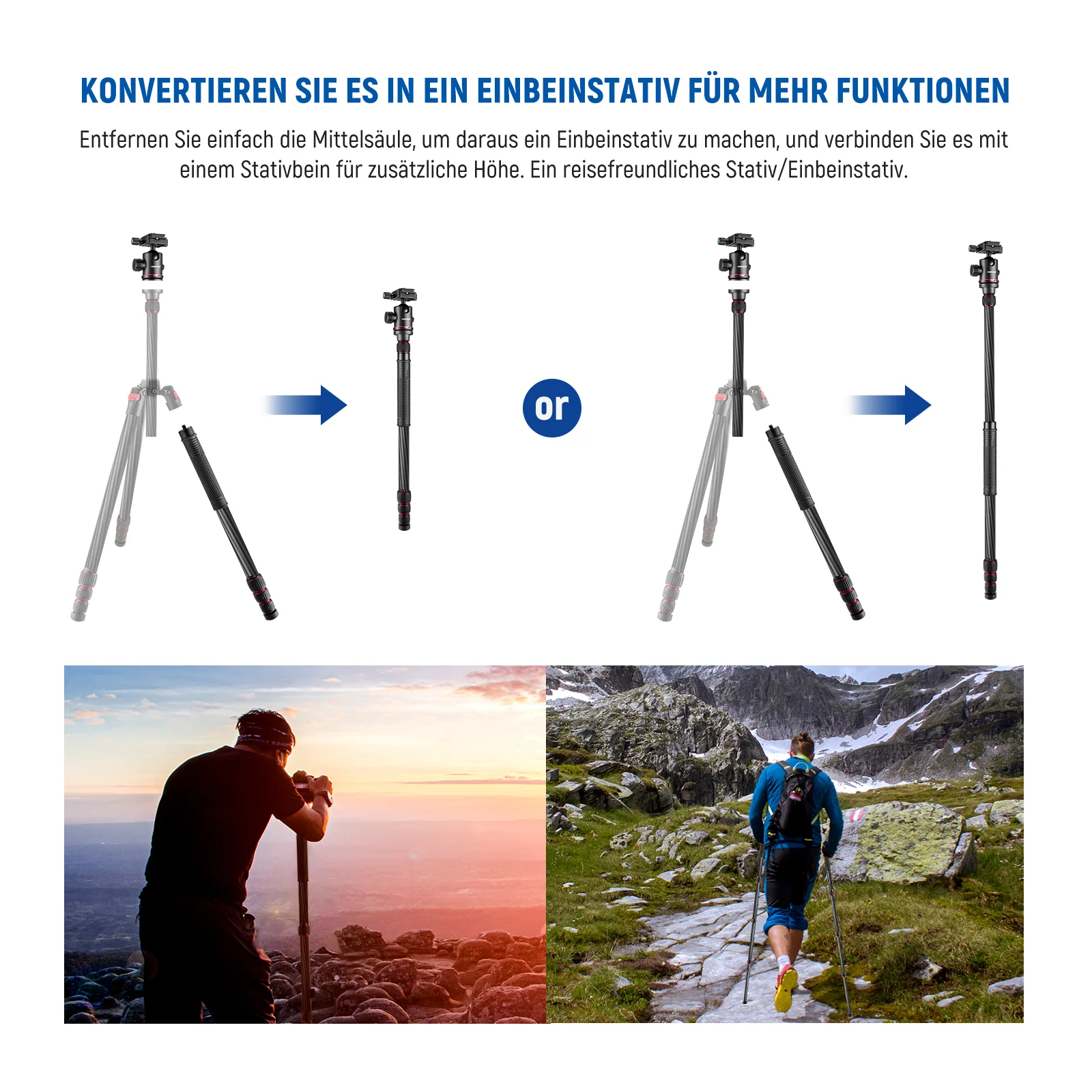 NEEWER N55CR 80.7” 205cm Kohlefaser Kamera Einbeinstativ mit 2 Mittelachsen - Image 6