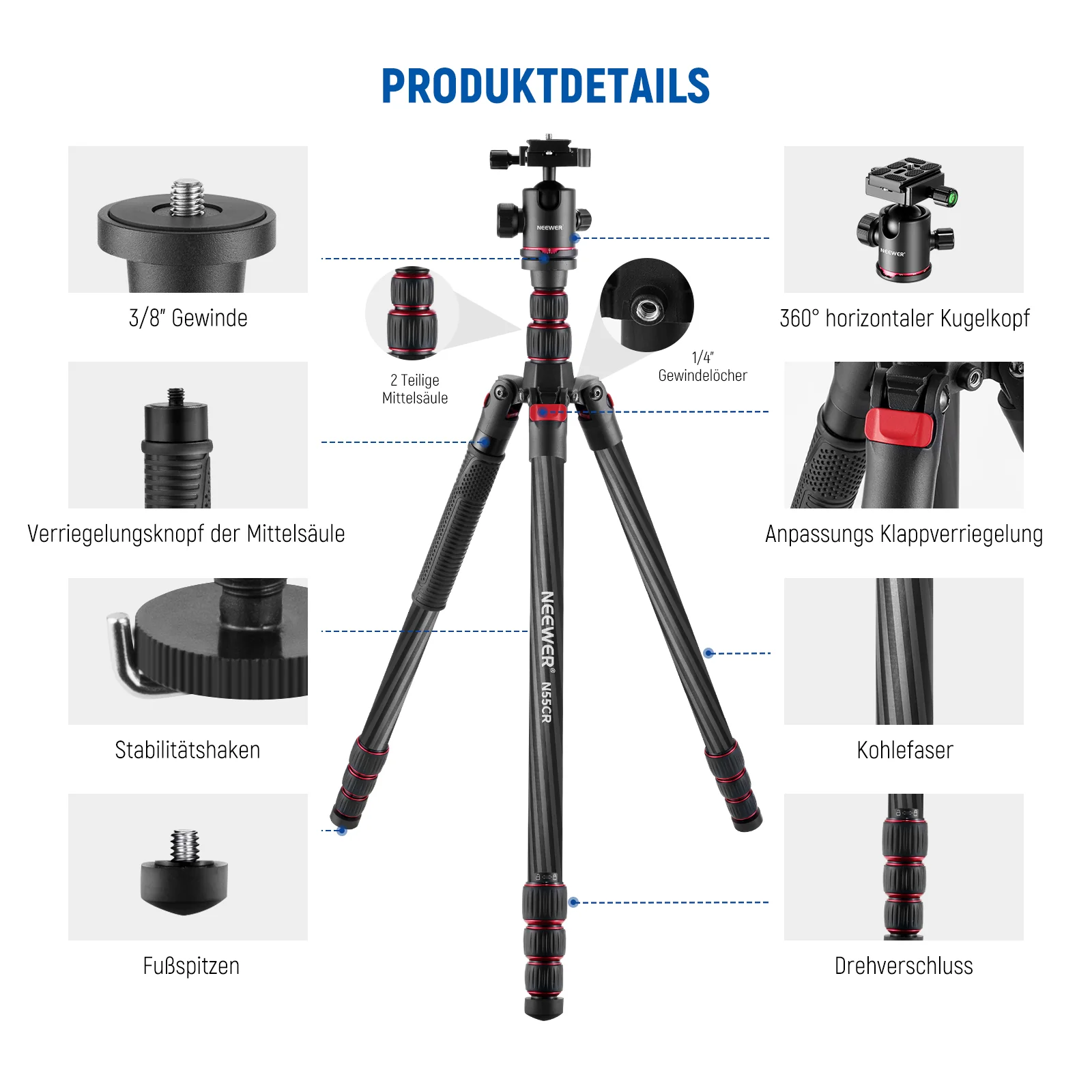 NEEWER N55CR 80.7” 205cm Kohlefaser Kamera Einbeinstativ mit 2 Mittelachsen - Image 8