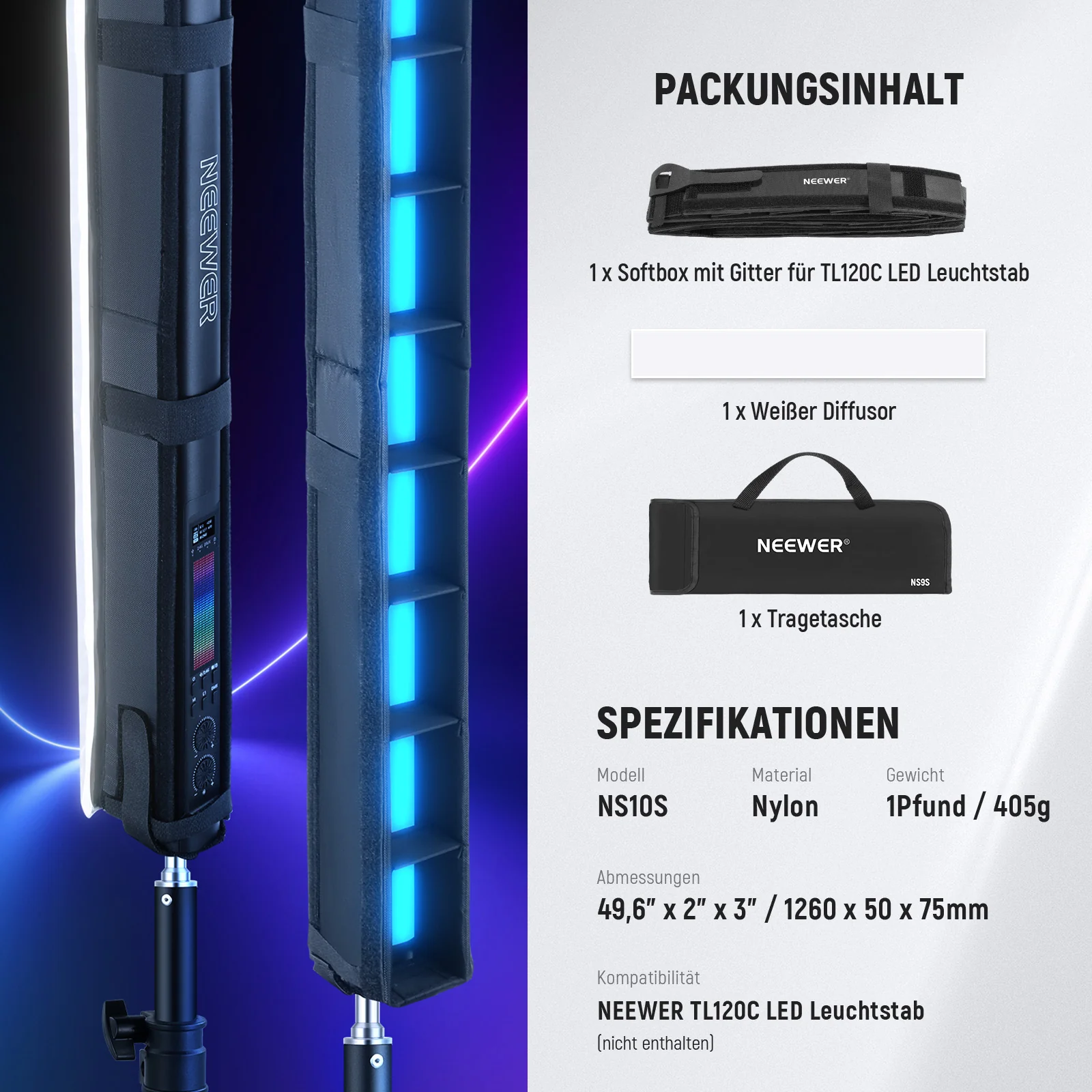 NEEWER NS10S LED Lichtdiffusor Set für TL120C RGB LED Leuchtstab - Image 8