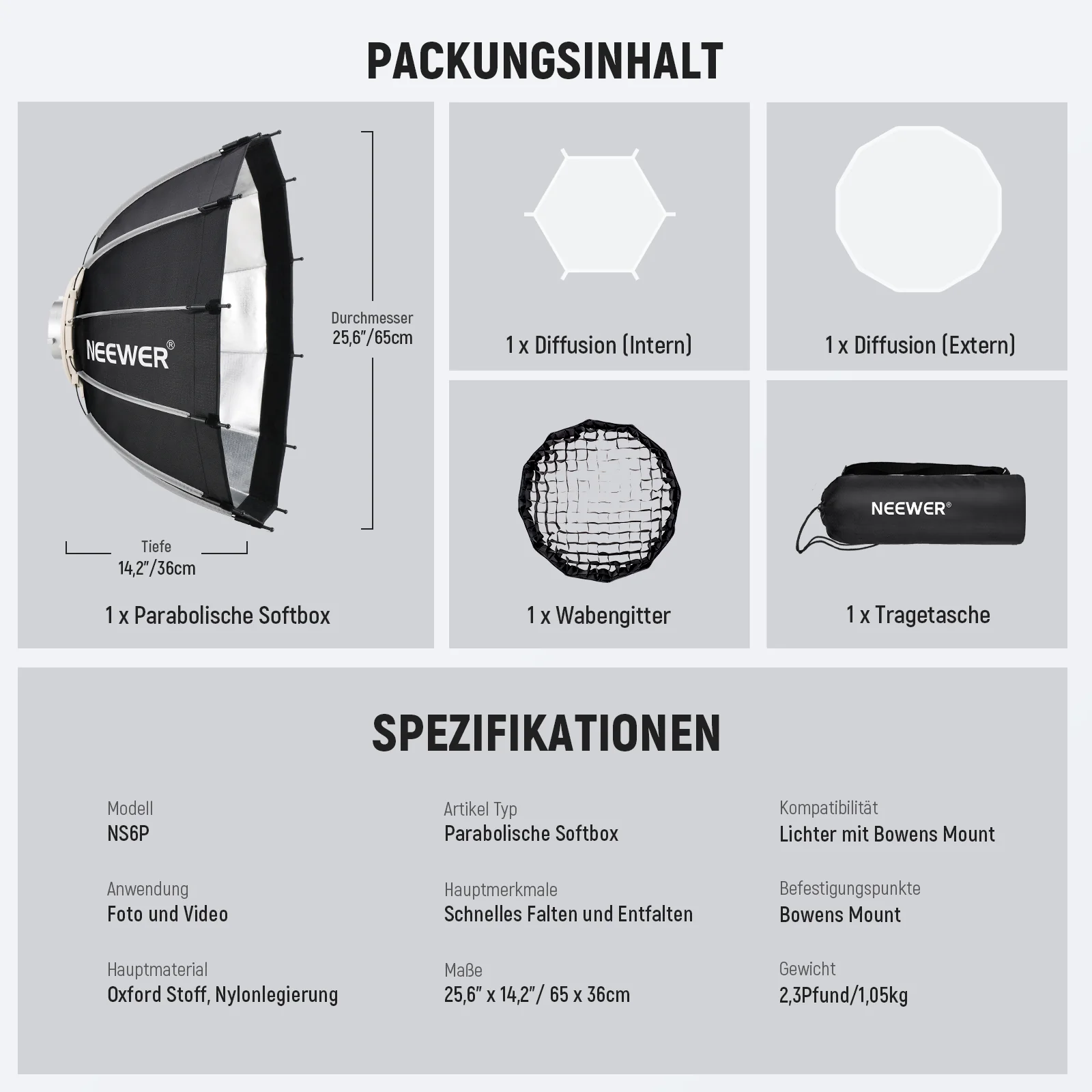 NEEWER NS6P/NS7P 65cm/85cm Bowens Mount Parabolische Softbox Dodecagon - Image 8