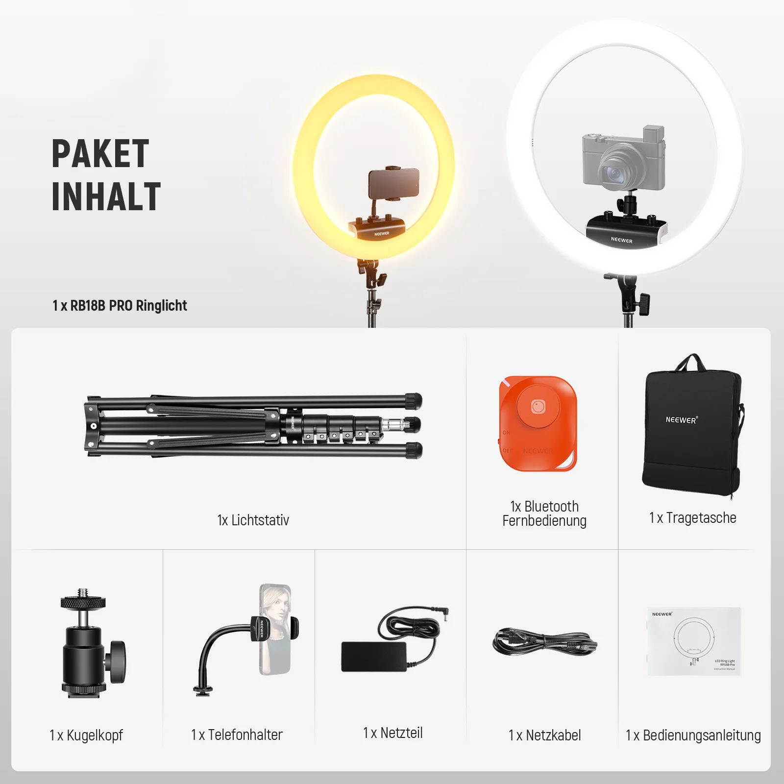 NEEWER RP18B Pro Ringlicht Set mit Ständer und Handyhalterung - Image 9