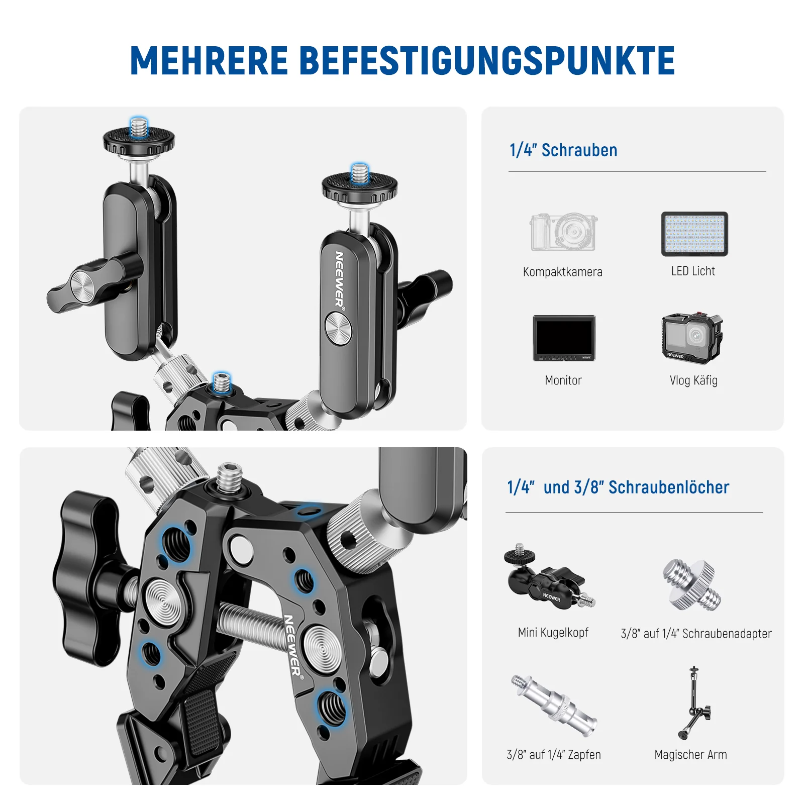 NEEWER Heavy Duty Super Clamp mit Zwei 360° Doppelkugelkopf Magischen Armen - Image 6