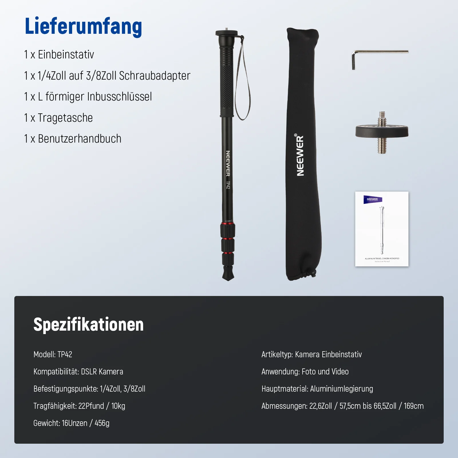 NEEWER TP42 169cm Kamera Einbeinstativ - Image 8
