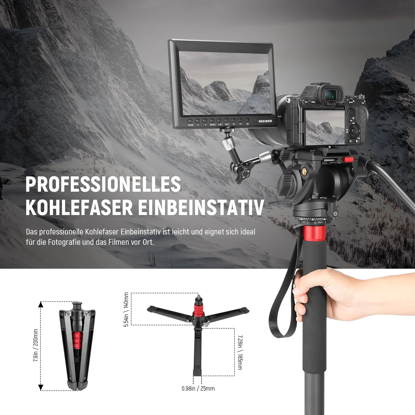 NEEWER TP71 67.7" 172cm Pro Kohlefaser Einbeinstativ - Image 9