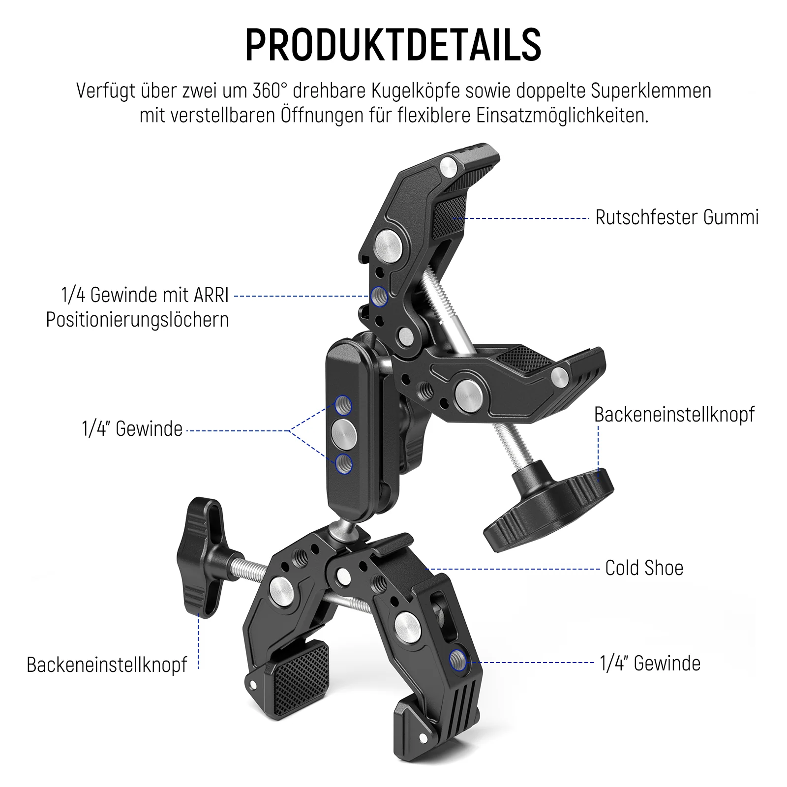 NEEWER UA036 Doppelte Superklemme-Halterung mit Dual Kugelkopf Magischer Arm - Image 2