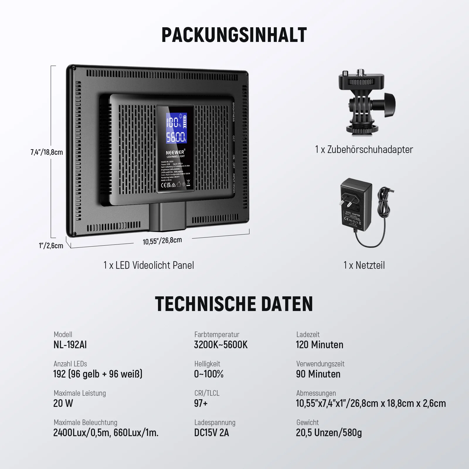 NEEWER NL-192AI Bi-color LED Videolicht - Image 9